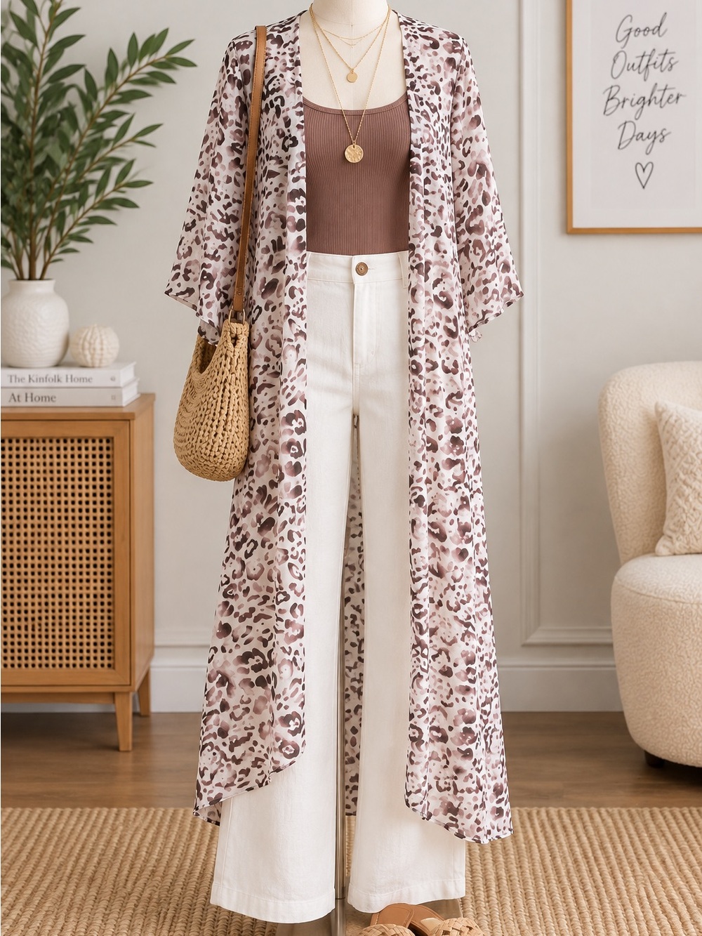 Mauve Leopard Print Sheer Long Kimono Duster